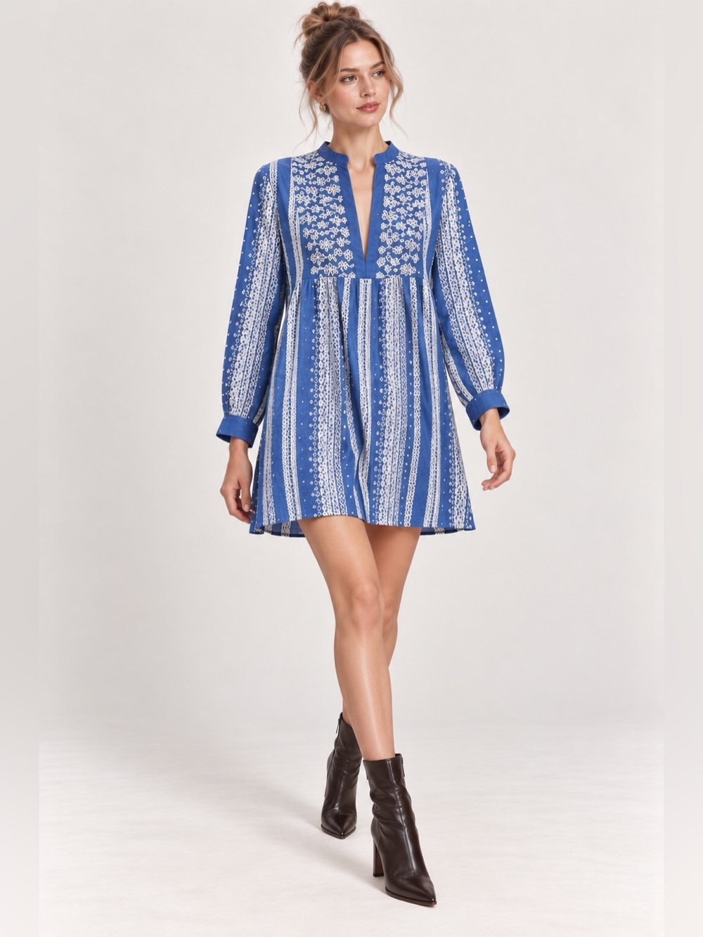 Zara Chambray Mini Babydoll Long Puff Sleeves Dress Floral Embroidered Boho XS